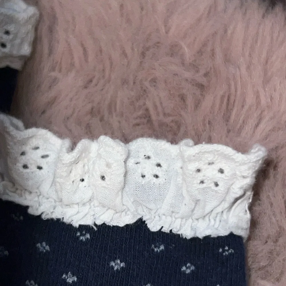 Set of 2 little kids ruffle eyelet lace socks navy blue and white w/ polka dots